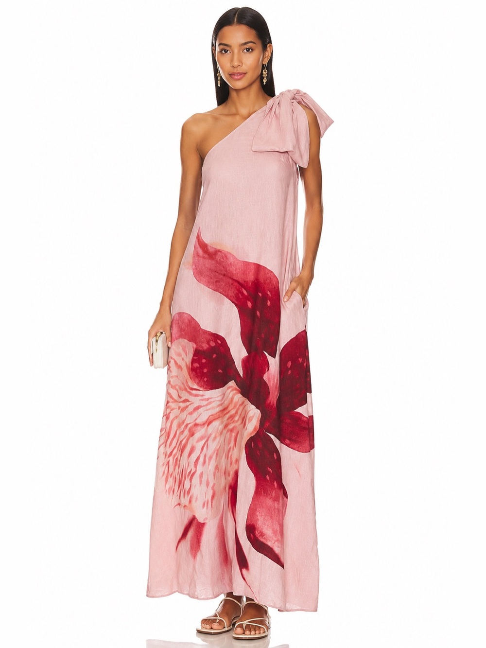 White Closet Elements linen blend One-Shoulder Floral Maxi Dress XS